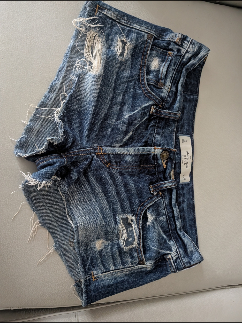 Abercrombie & Fitch Distressed High-Rise Denim Shorts - Dark Blue